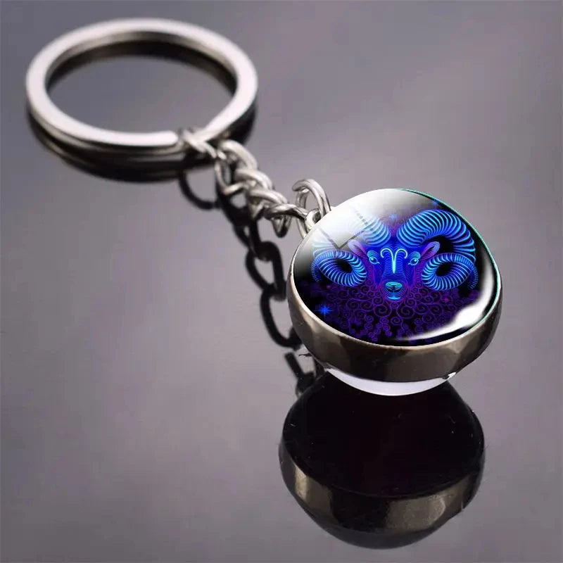 12 Constellation Key Chain Luminous Double Sided Glass Ball Pendant 12 Zodiac Key Chain Fashion Birthday Gift for Men and Women