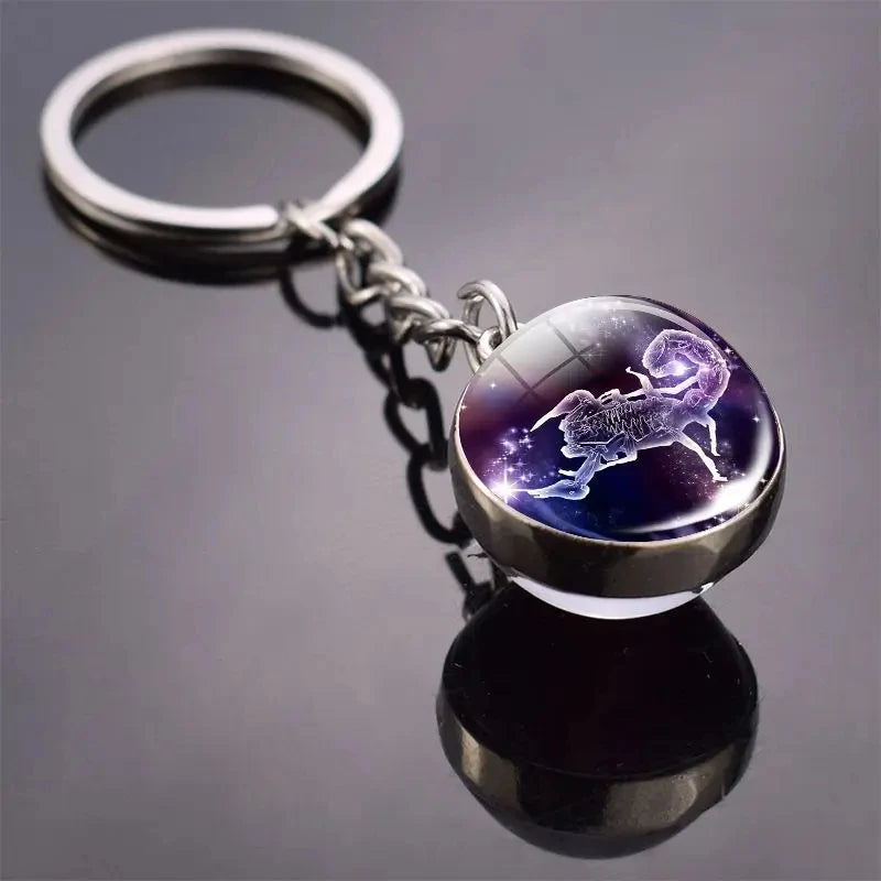 12 Constellation Key Chain Luminous Double Sided Glass Ball Pendant 12 Zodiac Key Chain Fashion Birthday Gift for Men and Women