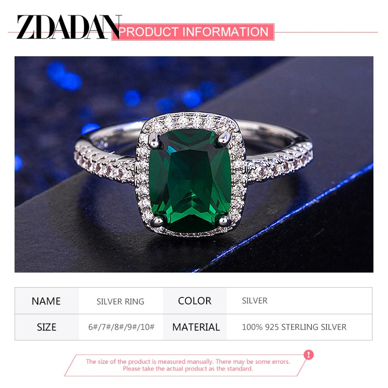 ZDADAN 925 Sterling Silver Vintage Emerald Rings For Women Wedding Engagement Jewelry