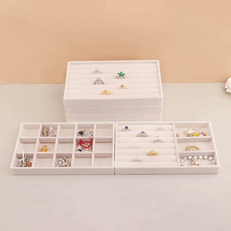 Velvet Jewelry Tray Storage Drawer Small Stackable Beige Jewelry Boxes and Packaging Suitable for Ring Earrings Simple Practical