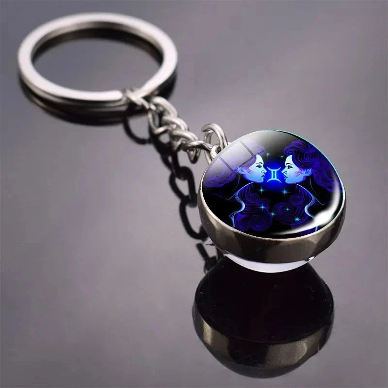 12 Constellation Key Chain Luminous Double Sided Glass Ball Pendant 12 Zodiac Key Chain Fashion Birthday Gift for Men and Women