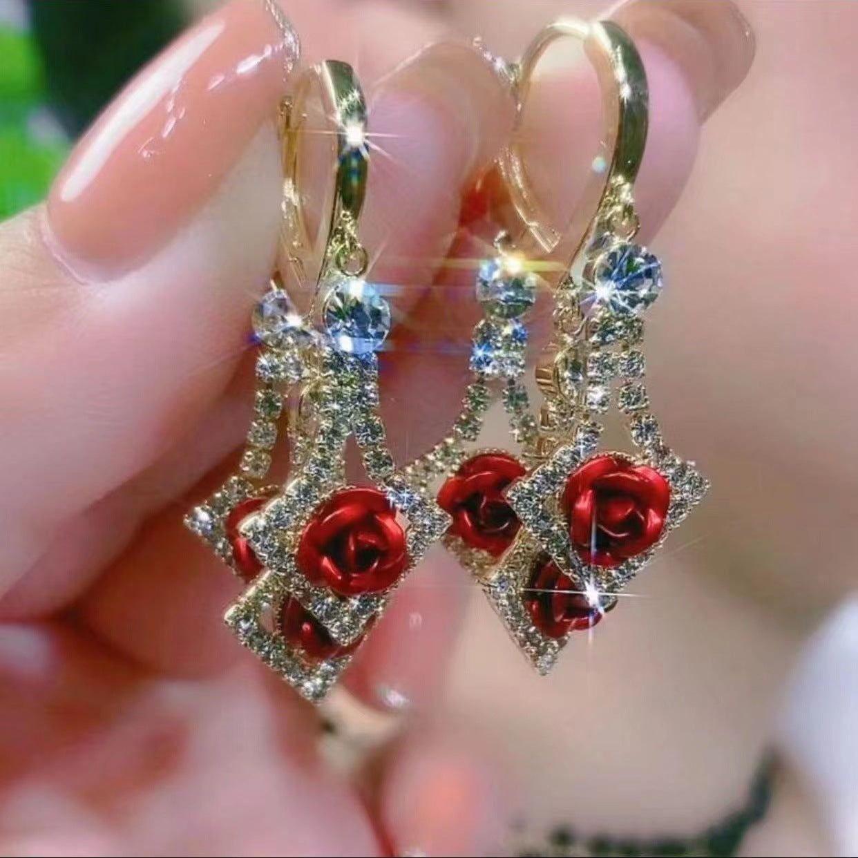 Elegant rhinestone rose earringd, sparkling drop earrings for women, fashion jewelry, gift