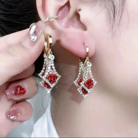 Elegant rhinestone rose earringd, sparkling drop earrings for women, fashion jewelry, gift