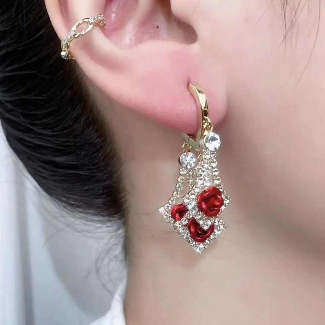 Elegant rhinestone rose earringd, sparkling drop earrings for women, fashion jewelry, gift