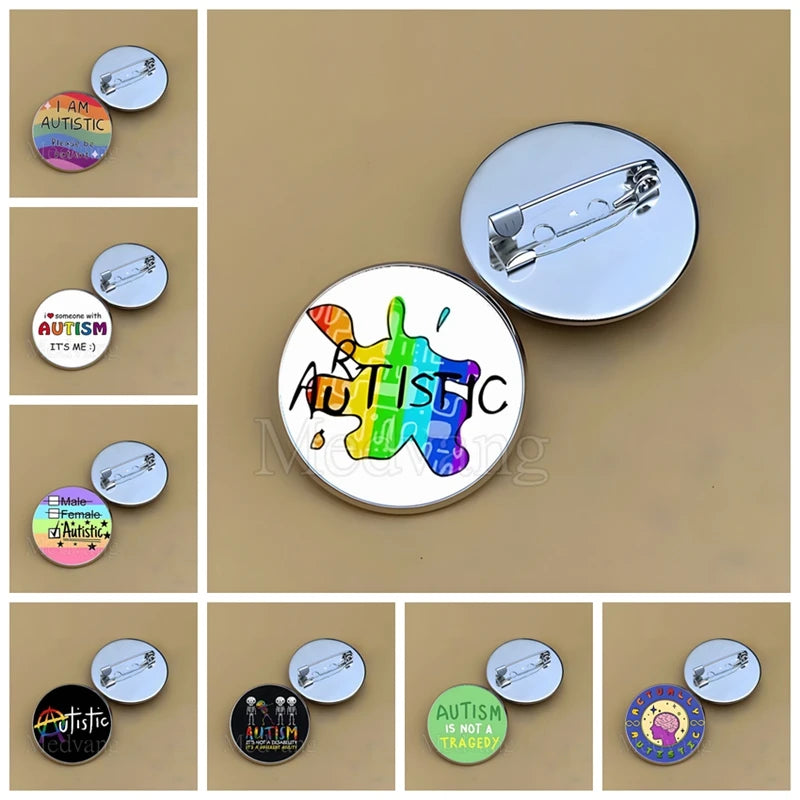 Cartoon Rainbow Autism Glass Brooch Introverted Patient Glass Cabochon Badge Clothes Bag Pin Jewelry