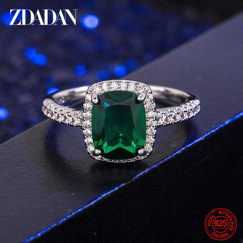 ZDADAN 925 Sterling Silver Vintage Emerald Rings For Women Wedding Engagement Jewelry